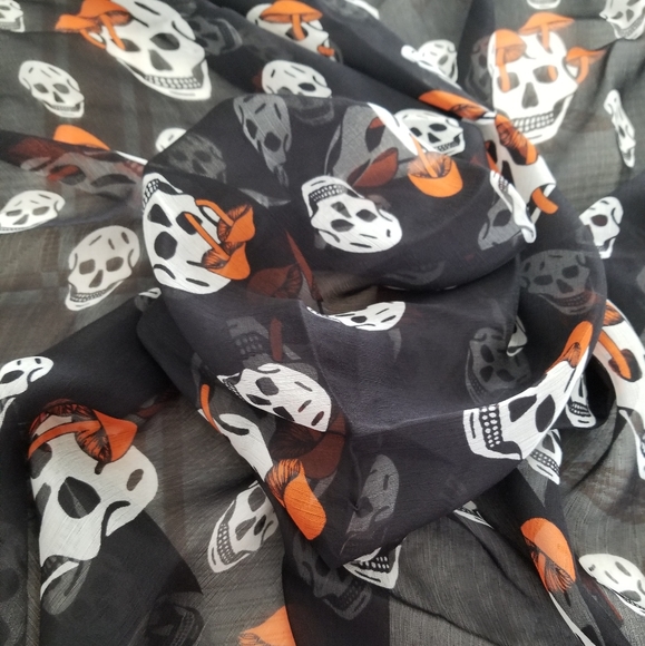 Alexander McQueen Mushroom & Skull Motifs Silk Scarf Black Orange - Picture 3 of 8